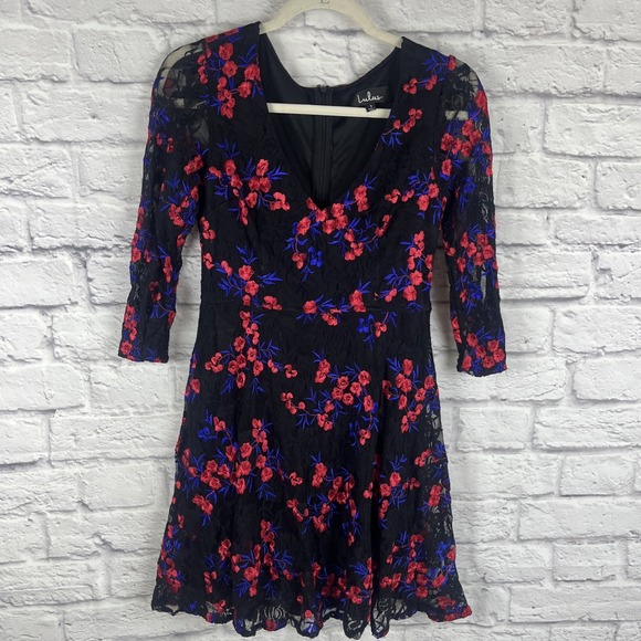 Lulu’s Dresses & Skirts - Lulu's Whimsigoth Romantic Embroidered Floral Lace Overlay Skater Dress Small